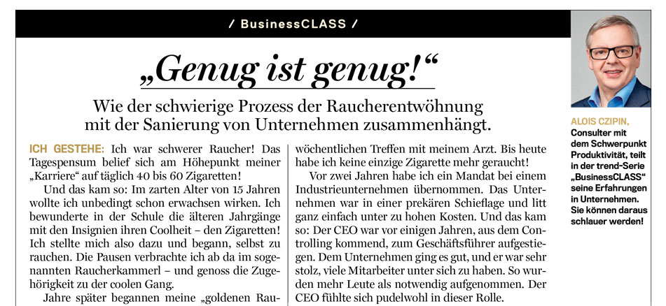 Alois Czipin Kommentar im trend 43/2017 BusinessCLASS