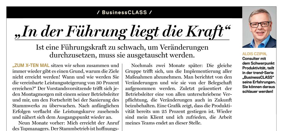 Alois Czipin Kommentar im trend 04/2018 BusinessCLASS