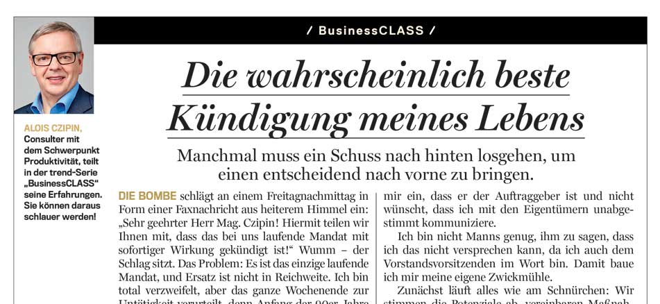 Alois Czipin Kommentar im trend 39/2018 BusinessCLASS